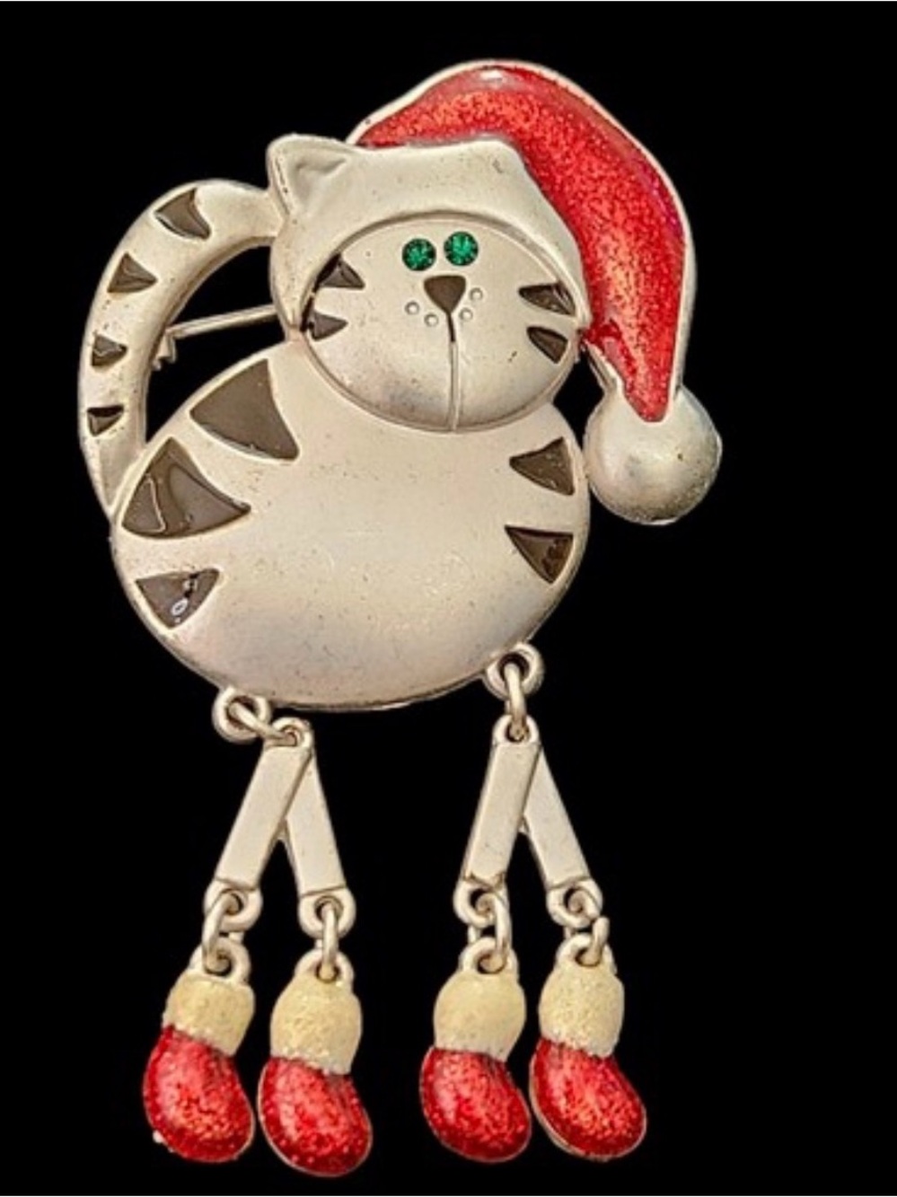 Silver-tone EUC Vintage Cat Holiday Brooch with Red Enamel Hat and Dangle Boots